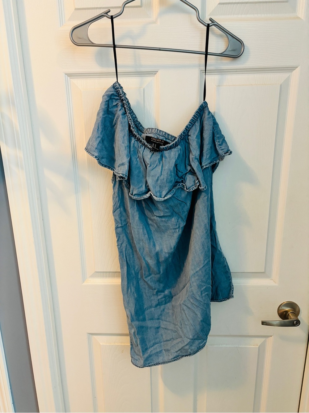Forever 21 Blue Denim-Look Off-Shoulder Ruffle Dress